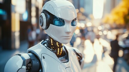 Fototapeta premium AI-powered robots in a vibrant capital city, assisting humans in daily tasks, from healthcare to transport, blending into modern life