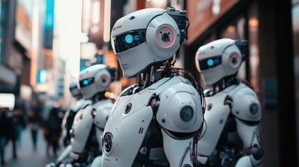 Fototapeta premium AI-powered robots in a vibrant capital city, assisting humans in daily tasks, from healthcare to transport, blending into modern life
