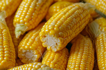 Freshly harvested yellow corn ears stacked together in a rustic market setting