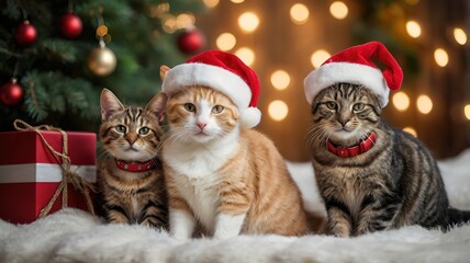 Kitten with bokeh light During the festive season during New Year and Christmas