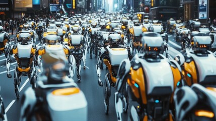 AI-powered robots managing traffic systems in a busy urban area, optimizing flow and reducing congestion in a high-tech city