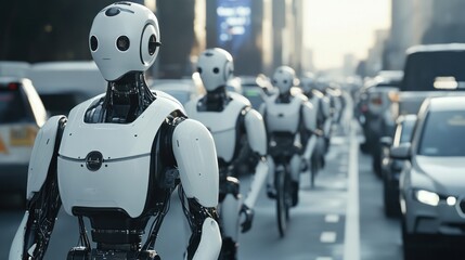 AI-powered robots managing traffic systems in a busy urban area, optimizing flow and reducing congestion in a high-tech city