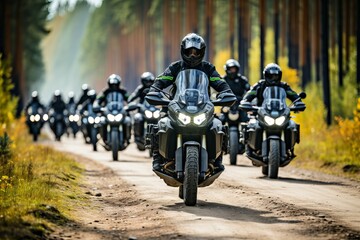 Motorcycle riders navigate a forest path during a group ride in the early morning light
