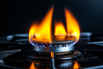 Flames dancing on a gas stove burner in a dark kitchen environment during evening hours