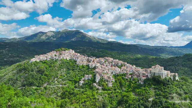 Old Village in mountain from a drone, Rivello, Potenza, Basilicata, Italy, Europe