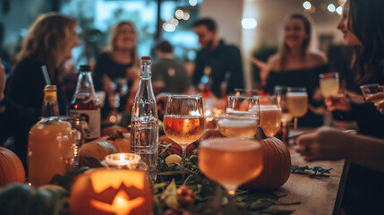 People gathered around a party table celebrating halloween with drinks and pumpkins