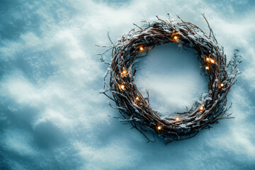 Fototapeta premium Winter wreath adorned with lights resting on fresh snow in a serene outdoor setting