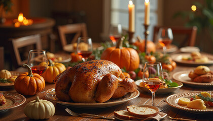 Obraz premium Thanksgiving dinner table centerpiece featuring a roasted turkey surrounded by pumpkins, wine glasses, and other food items. 
