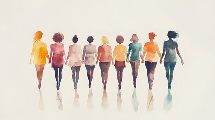 Obraz premium A watercolor, realistic, and detailed illustration of a group of people holding hands in different colors and skin tones