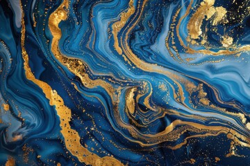Fototapeta premium Abstract Marbled Design with Swirling Blue and Gold Patterns, Resembling Fluid Art and Cosmic Inspiration