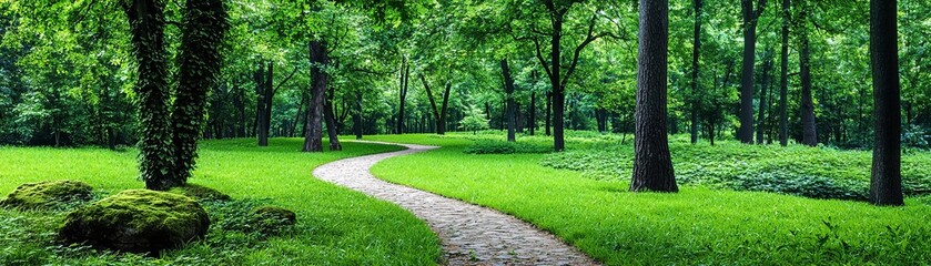 Lush green trail winding through a shaded forest, with trees covered in ivy and soft moss growing on rocks, creating a peaceful and enchanting scene
