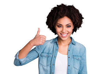 Portrait of cute positive lady youngster advertise choice decision approve agree tip sale news discount feel glad content dressed jeans isolated grey background