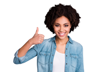 Portrait of cute positive lady youngster advertise choice decision approve agree tip sale news discount feel glad content dressed jeans isolated grey background