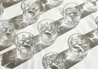 Glasses, transparent, reflective, illumination, patterns, contemporary design, minimalism, elegance, dining, beverages, light, surface