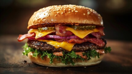 Juicy burger topped with bacon, cheese, pickles, and onions on a sesame seed bun showcased on a rustic wooden table