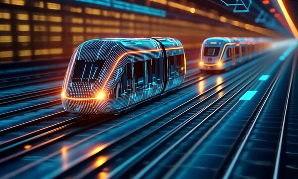 A futuristic train made of glowing lines and dots on a track with digital glowing lines on the ground.