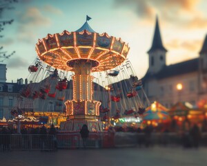 Fair in the town square with various merry go rounds