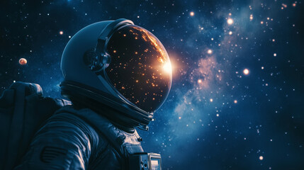 Astronaut in helmet floating in space, side view, open space, milky way, stars and planets background. Generative AI