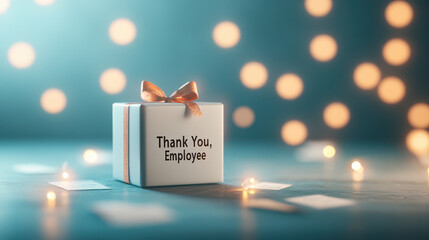 Thank you gift box with ribbon, surrounded by soft glowing lights, conveys appreciation for employees. perfect representation of gratitude and recognition in workplace setting