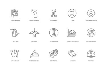 Instructions for using polyurethane foam, vector line icon set with editable stroke, Clean the surface and moisten with water, apply foam cut and off the nozzle, shake and secure the elements