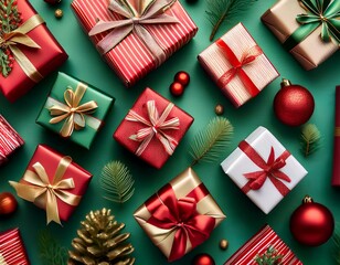 Top view of red, white and green gift boxes with bows for Christmas on green background