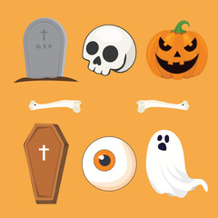 A collection of Halloween items Grave, Pumpkin, Coffin, Eye, Ghost, Skull, Bone vector illustration.