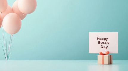 Happy Bosss Day card with small gift box and pastel balloons creates cheerful office atmosphere. This setup is perfect for celebrating and appreciating leadership