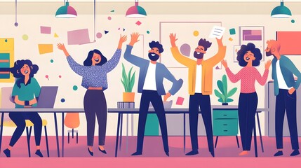 A diverse group of coworkers celebrating a successful project in a hip office