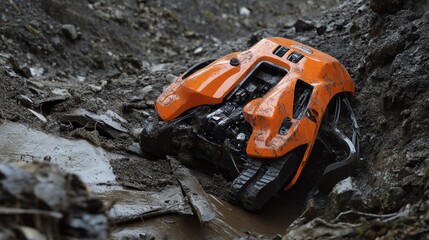 Obraz premium Landslide rescue robots using advanced AI to dig through debris and locate survivors, assisting emergency teams in dangerous zones