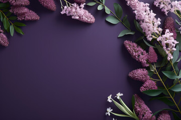 Colorful arrangement of lilac and purple flowers on a dark purple background