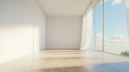 Fototapeta premium White empty room with big window with sun bright andocean landscape view