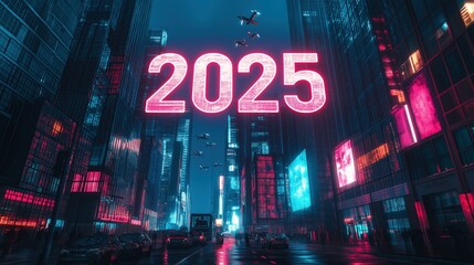Drone Flying Beneath Glowing 2025 in Neon City