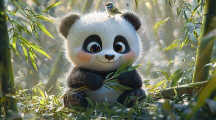   A panda bear sits in green grass, holding a bird on its head and surrounded by a bamboo tree background