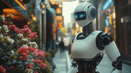 Fototapeta premium Robotics enhancing future urban living, with AI robots handling tasks such as transportation, waste management, and security