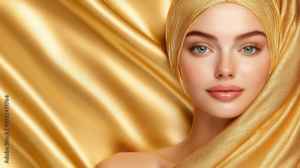 Poster A woman with a head scarf on posing in front of gold fabric, AI