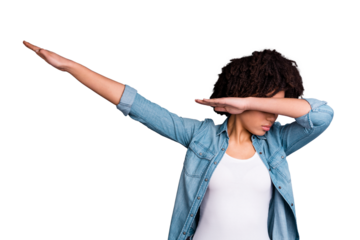 Photo portrait of confident charming she her lady making showing gesturing dab movement using hands isolated gray background