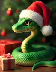 Fototapeta premium Green snake in Santa hat, symbol of Chinese New Year 2025. Computer graphics against background of Christmas trees and gifts.Close up