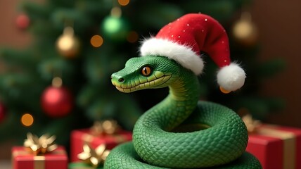 Fototapeta premium Green snake in Santa hat, symbol of Chinese New Year 2025. Computer graphics against background of Christmas trees and gifts.Close up