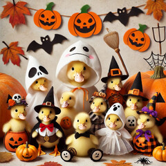 Adorable Ducklings in Halloween Costumes with Pumpkins and Bats