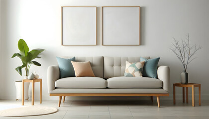 modern living room interior with sofa and wall poster