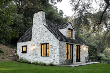 Fototapeta premium A small white stone house with a black roof and wooden window frames, set against the backdrop of lush green grass under dense trees in California's forest landscape. The exterior features traditional