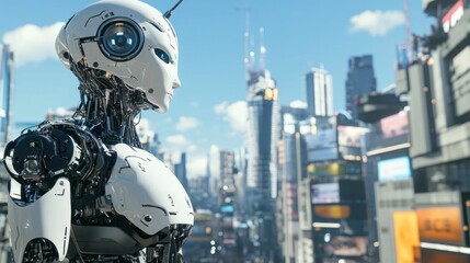 Fototapeta premium Robots maintaining city infrastructure, including repairing roads and buildings, ensuring the city remains in perfect condition