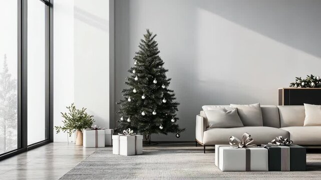 Sleek minimalist Christmas setting with a monochromatic tree and elegantly wrapped gift boxes in neutral tones, featuring clean lines and natural light for a modern holiday look. Christmas, New Year