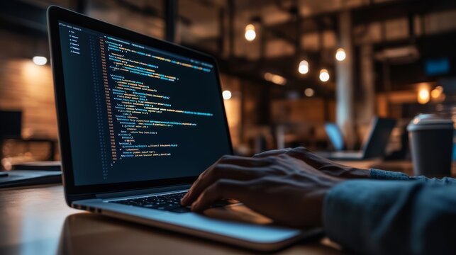 Close-up of hands coding on a laptop in a modern office setting. Software development focus.