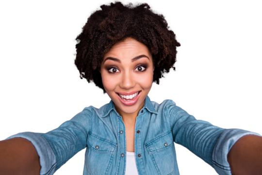 Portrait of charming funny funky nice teen teenager have video call amazed make photos weekend holidays travel dressed fashionable youth clothing isolated grey background