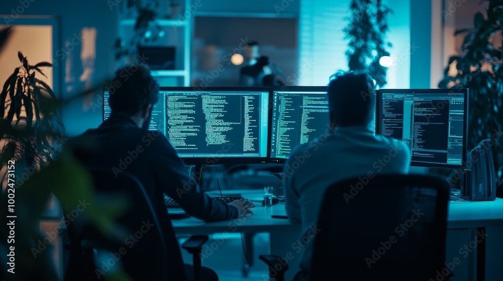Poster Software developer coding late at night in a cozy workspace with multiple screens.