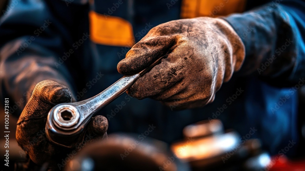 Poster close-up of a mechanic's hands using a wrench