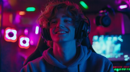  A young man gamer with wavy hair and headphones smiles while sitting in front of his gaming computer, surrounded by neon lights and vibrant colors