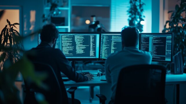 Software developer coding late at night in a cozy workspace with multiple screens.