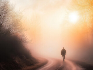 Fototapeta premium A solitary figure walks down a misty path at dawn, surrounded by ethereal light and tranquility